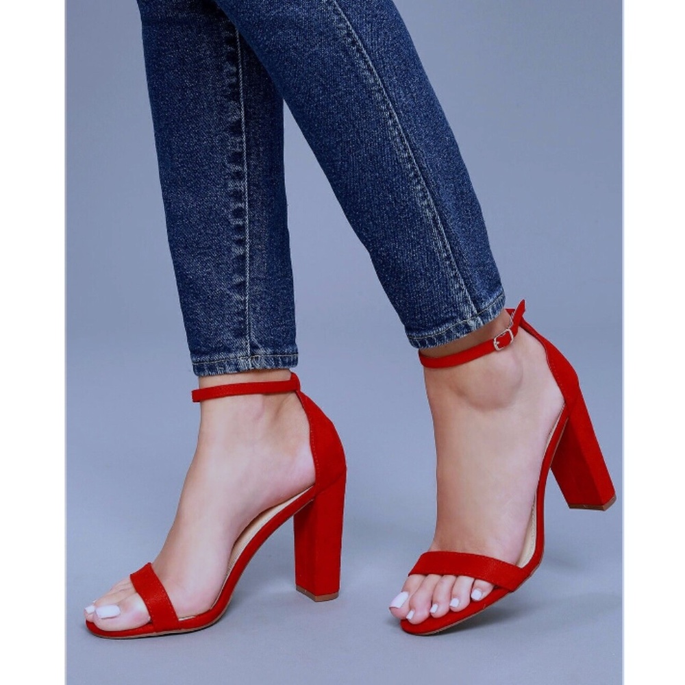 Lulus Taylor Red Vegan Suede Ankle Strap Open Toe Block Heels Size 8.5 *NIB*